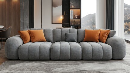 Modern gray fabric sofa with channel tufting and orange pillows, situated in a contemporary living room