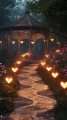 Obraz premium Romantic pathway lined with heart-shaped lanterns, leading to a gazebo adorned with flowers and lace,