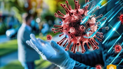 Gloved hands reaching for covid-19 virus outdoors with blurred people and trees