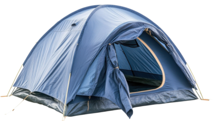 Blue camping tent set up in a natural outdoor setting during daylight hours