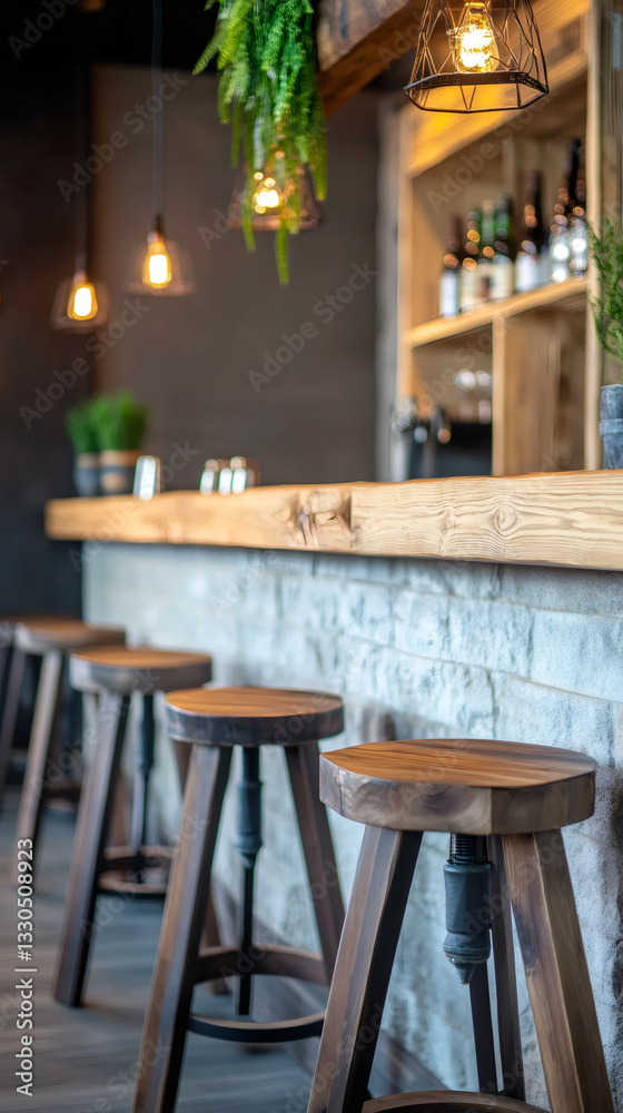 Poster wooden bar stools standing in front of a wooden counter in a modern pub, illuminated by hanging ligh