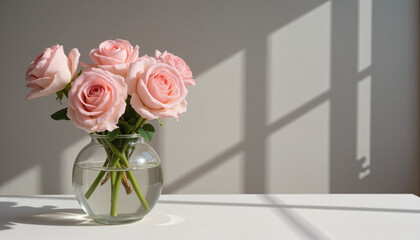 Minimalistic floral arrangement of Transcendent Pink roses in a crystal vase with natural light