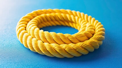 Bright yellow rope coiled on blue gym mat, fitness concept.