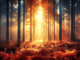 Naklejka premium Golden Sunlight Filters Through Dense Forest Trees And Vegetation