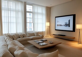 Modern minimalist living room with large screen TV, neutral tones, and ample natural light.