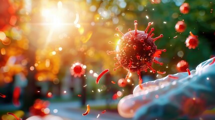 Close-up of virus particles in sunlit outdoor environment