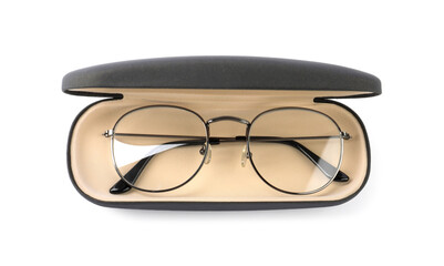 One case with glasses isolated on white, top view