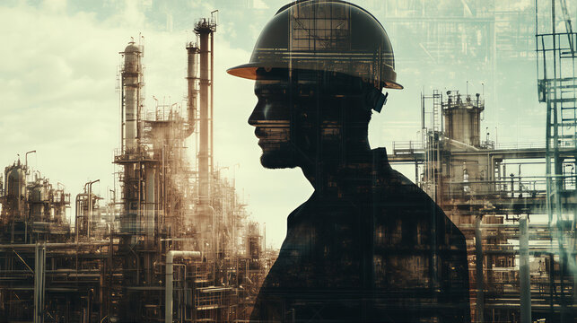 Silhouette of oil and gas refinery safety with double exposure engineer on hardhat. Petrochemical gas distillation tower. Oil refinery downstream industrial city. Mining engineering construction