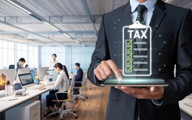 Tax Season's Efficiency: A professional in a suit, holding a tablet, is a visual representation of tax preparation, set against the backdrop of a bustling office where colleagues work.