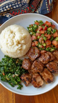 Grilled Kenyan nyama choma served with ugali, sauteed greens, and kachumbari salad on vibrant African textiles