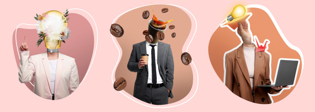 Conceptual collage about idea and inspiration. Business people and different elements combined into creative artwork on pastel pink background