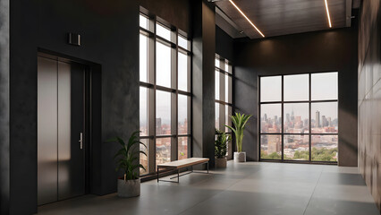 Modern office lobby with dark walls minimalist be