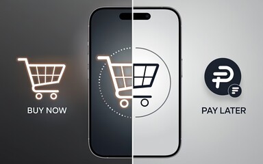 E-commerce at your fingertips: A modern smartphone graphic showcases the ease of online shopping, with a sleek interface displaying "Buy Now" and "Pay Later" options.