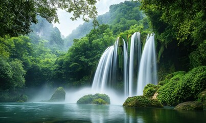 Fototapeta premium A majestic waterfall surrounded by mist, capturing the raw power and beauty of nature