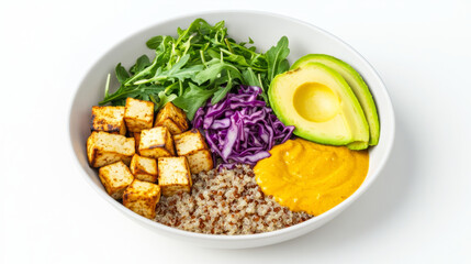 Vegan tofu buddha bowl with avocado and quinoa for healthy eating and nutrition inspiration