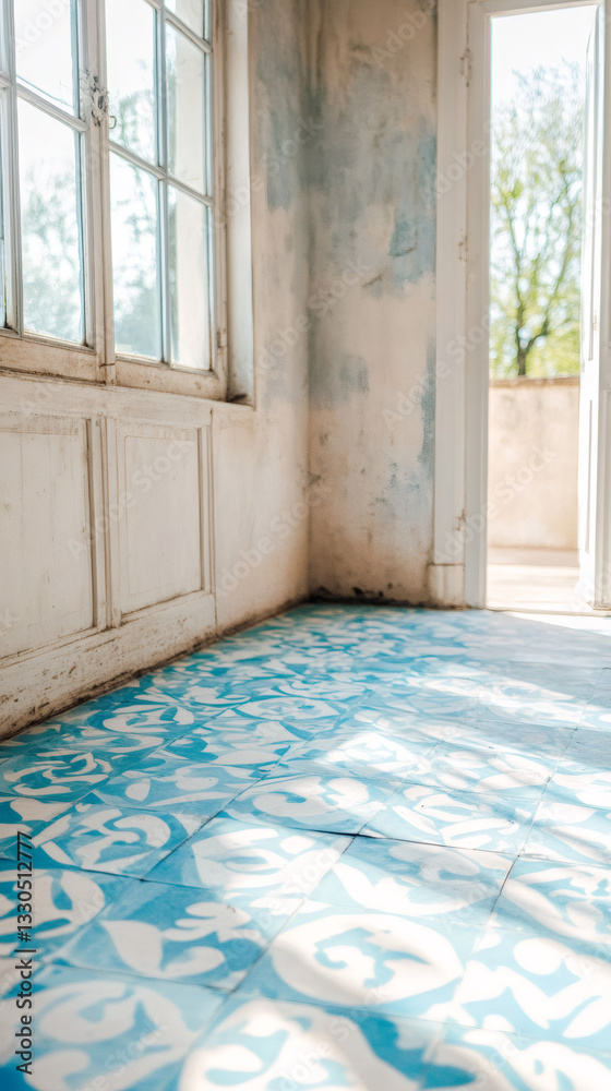 Poster sunlight filtering through open door, casting shadows on blue-white patterned tiles within forgotten