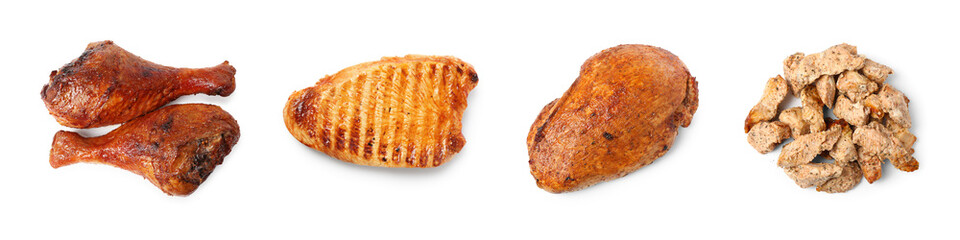 Different delicious dishes of turkey on white background, set. Top view