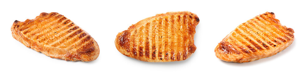 Delicious grilled turkey breasts on white background, set