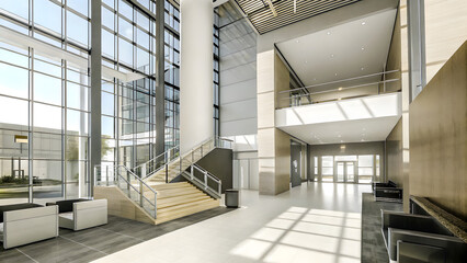 Modern spacious lobby with glass windows staircas