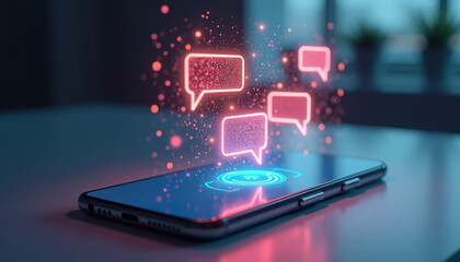 Smartphone with futuristic chat notifications in neon light