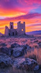 the ruins of a castle against a colorful sky.