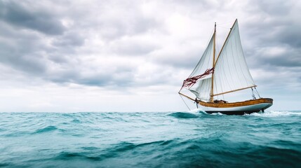 Fototapeta premium Sailboat with torn sails fighting against the elements, dramatic survival storytelling