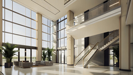 Fototapeta premium Modern spacious lobby with glass windows staircas