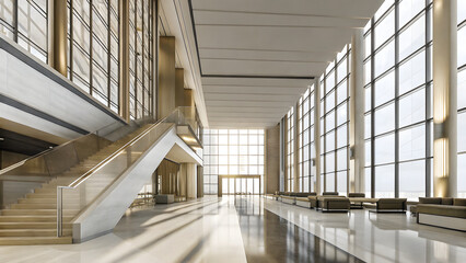 Modern spacious lobby with glass windows staircas