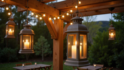 Cozy patio with hanging lanterns glowing warmly in the evening ambiance