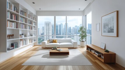 A bright, minimalist Singapore apartment living room.  White walls, wooden floors, a bookshelf with books, and a huge window showing city skyscrapers.
