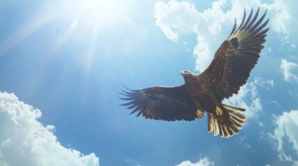 Majestic eagle soaring through a vibrant blue sky filled with fluffy white clouds, bathed in sunlight