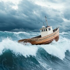 Old wooden fishing boat struggling against massive waves, survival at sea concept