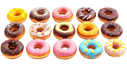 Colorful assortment of donuts displayed in a tempting arrangement on a white background