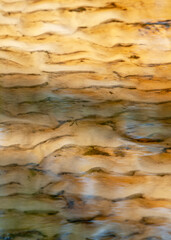 A close-up view of a shallow riverbed's sandy bottom showcases the ridges in the sand below the clear river water. 