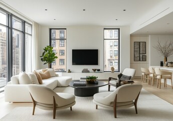 Modern minimalist living room with large windows, neutral palette, and comfortable seating.