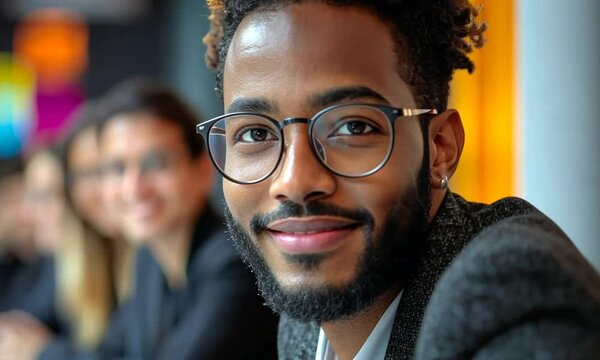 A confident young man smiling at the camera in a modern office setting with colleagues blurred in the background