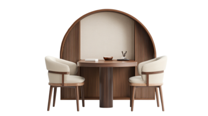 Stylish modern dining setup with curved wooden features and elegant chairs in a minimalist design