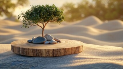 Obraz premium Small tree on wooden disc in desert