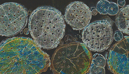 Cross-section of a tree with holes in solarized colors. 