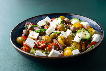 Homemade Greek salad with feta cheese, olives, cherry tomatoes, sweet onion, seeds and olive oil on dark green background close up. Healthy diet food concept.