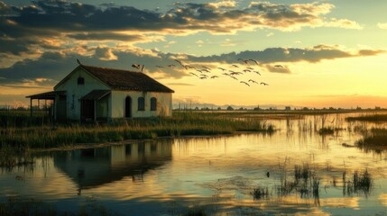 Fototapeta premium Tranquil rural house by a tranquil water sunset