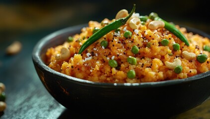 A bowl of piping hot upma garnished with green chilies, mustard seeds, and cashews, served with coconut chutney.