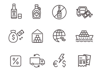 Trade tariffs icon set. Trade war line vector icons withe ditable stroke. Import export graphics.