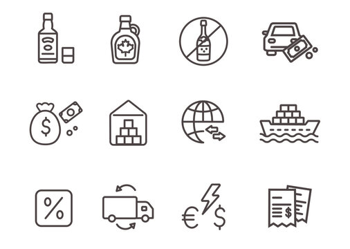 Trade tariffs, import tax icon set. Trade war line vector icons withe ditable stroke. Import export graphics.