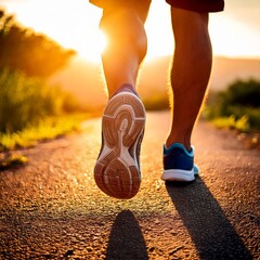 Closeup auf Füße eines Joggers, der auf einem Pfad in Richtung der tiefstehenden Sonne läuft.