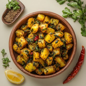 A rustic bowl of aloo methi with potatoes and fresh fenugreek leaves. Indian side dish made with potatoes and fenugreek leaves and spices.