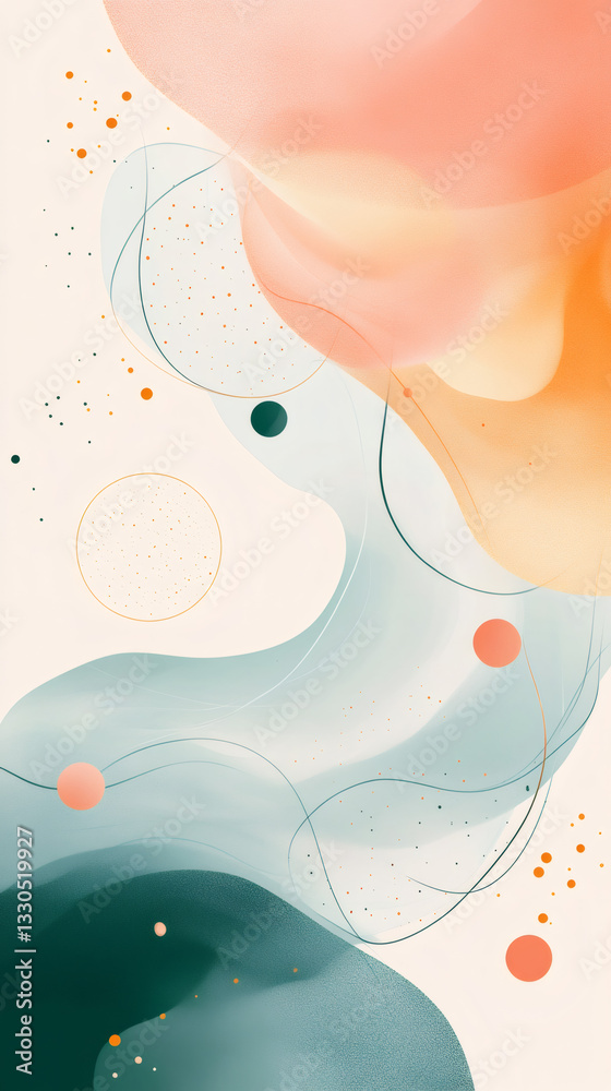 Poster Abstract background design with flowing shapes, lines, and dots in pastel colors, creating a dynamic and modern composition