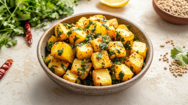 A rustic bowl of aloo methi with potatoes and fresh fenugreek leaves. Indian side dish made with potatoes and fenugreek leaves and spices.