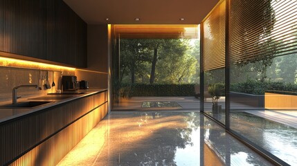 Modern kitchen with sleek dark cabinetry, integrated appliances, and expansive glass doors opening to a tranquil garden
