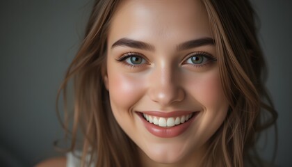Fototapeta premium portrait of young happy woman looks in camera . copy space area at left.